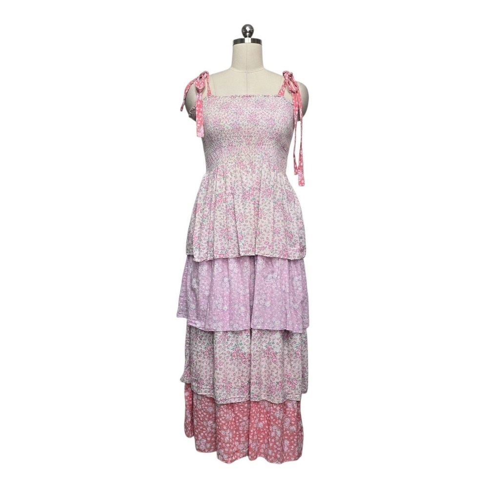 LoveShackFancy Pink Floral Smocked Tiered Maxi Dress Cotton Women's Size Medium